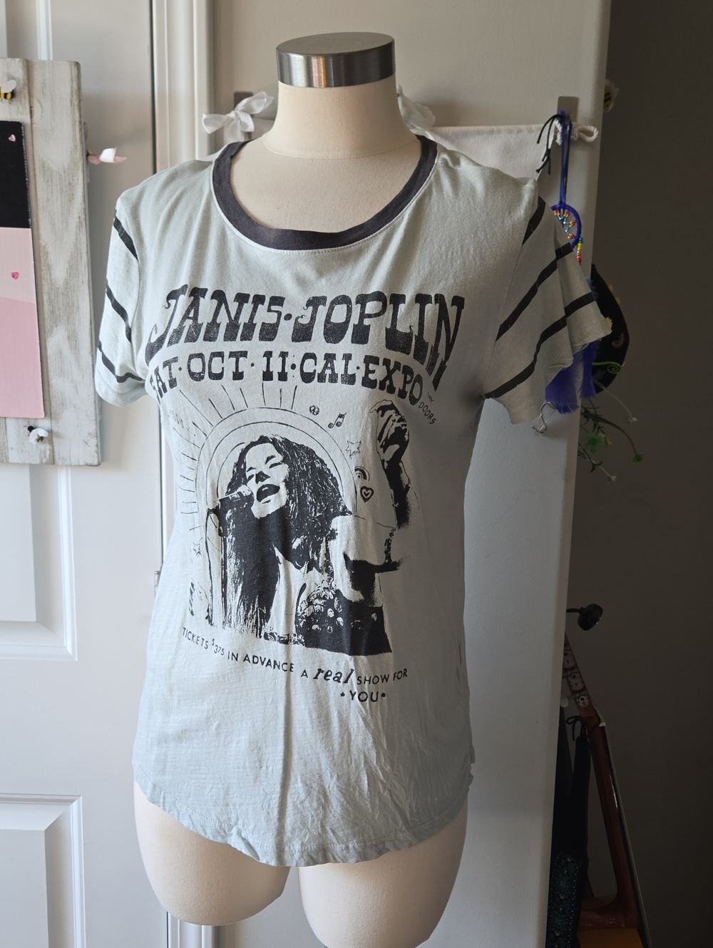 Janis Joplin Graphic Ringer Tee - Light Gray with Black Print